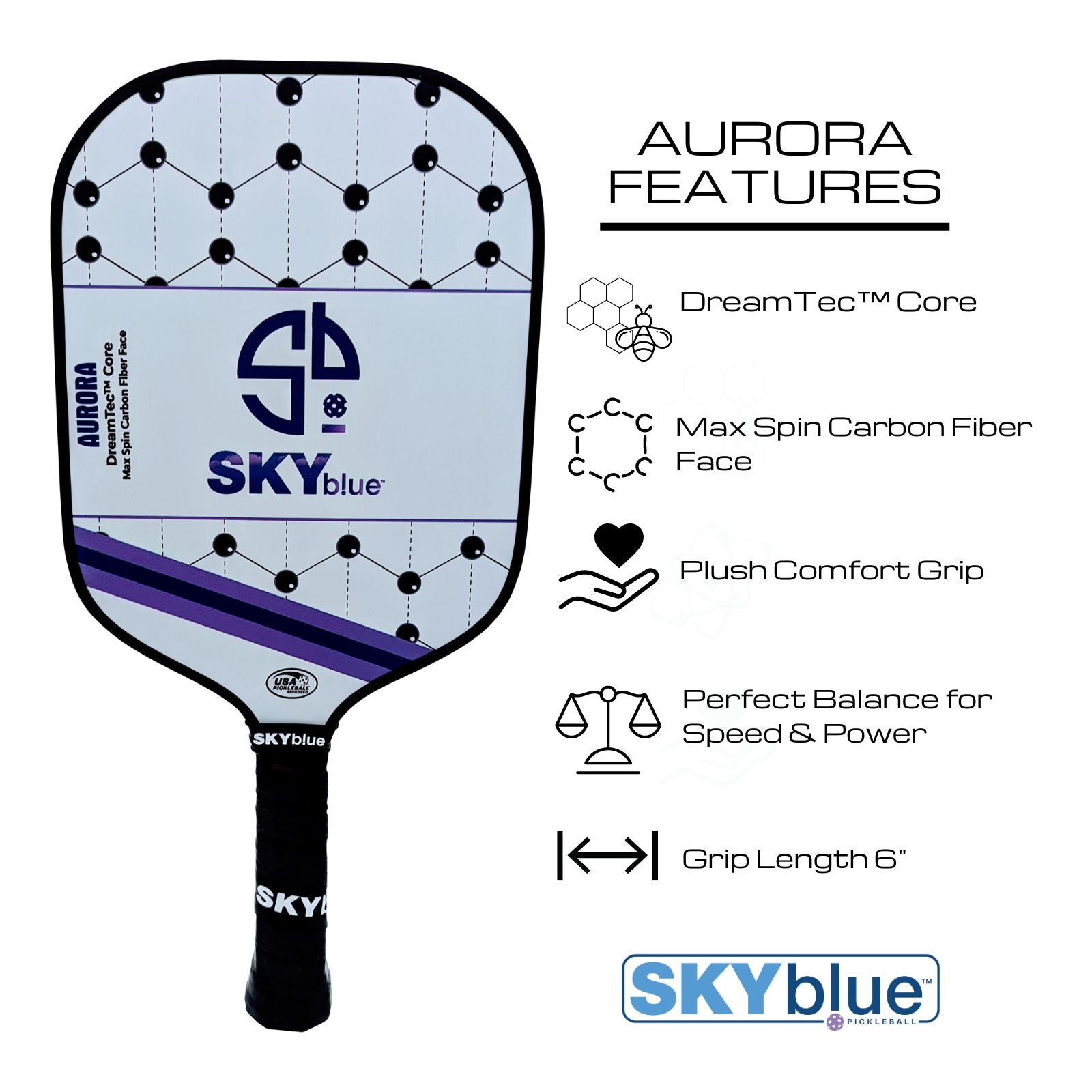 Aurora Carbon Fiber Pickleball Paddle by Skyblue Pickleball- White Carbon Fiber Face