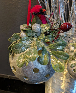 Christmas Pickleball Ornament – Silver, Red, and Green with Frosted Mistletoe, Pine, Silver Berries, Crystals, and Red Cardinal