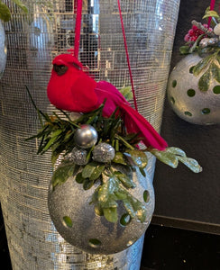 Christmas Pickleball Ornament – Silver, Red, and Green with Frosted Mistletoe, Pine, Silver Berries, and Red Cardinal