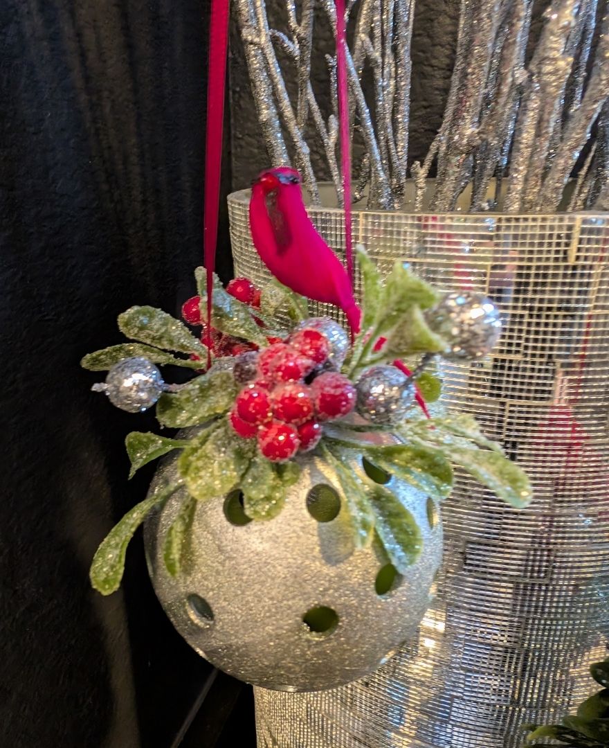 Christmas Pickleball Ornament – Silver, Red, and Green with Frosted Mistletoe and Mini Cardinal