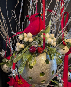 Christmas Pickleball Ornament – Silver, Red, and Green with Frosted Mistletoe, Red Cardinal, and Crystals