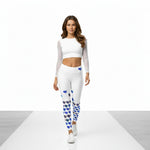 Load image into Gallery viewer, Woman wearing a white long-sleeve crop top and leggings with blue heart patterns on a white background
