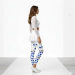 Load image into Gallery viewer, Woman wearing a white outfit with blue and gray patterned leggings on a white background
