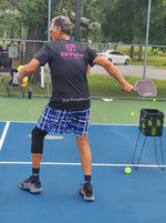 Load image into Gallery viewer, Got Pla(yed)id© Black, White, Blue &amp; Fuchsia Men&#39;s Long Casual Shorts for Pickleball Enthusiasts
