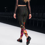 Load image into Gallery viewer, Poppy Court Noir™ Fleur Black, Red, Pink &amp; Gold Women's High-Waisted Pickleball Leggings, print close-up | SKYblue Pickleball
