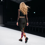 Load image into Gallery viewer, Poppy Court Noir™ Fleur Black, Red, Pink &amp; Gold Women's High-Waisted Pickleball Leggings, UPF 50+, main view | SKYblue Pickleball

