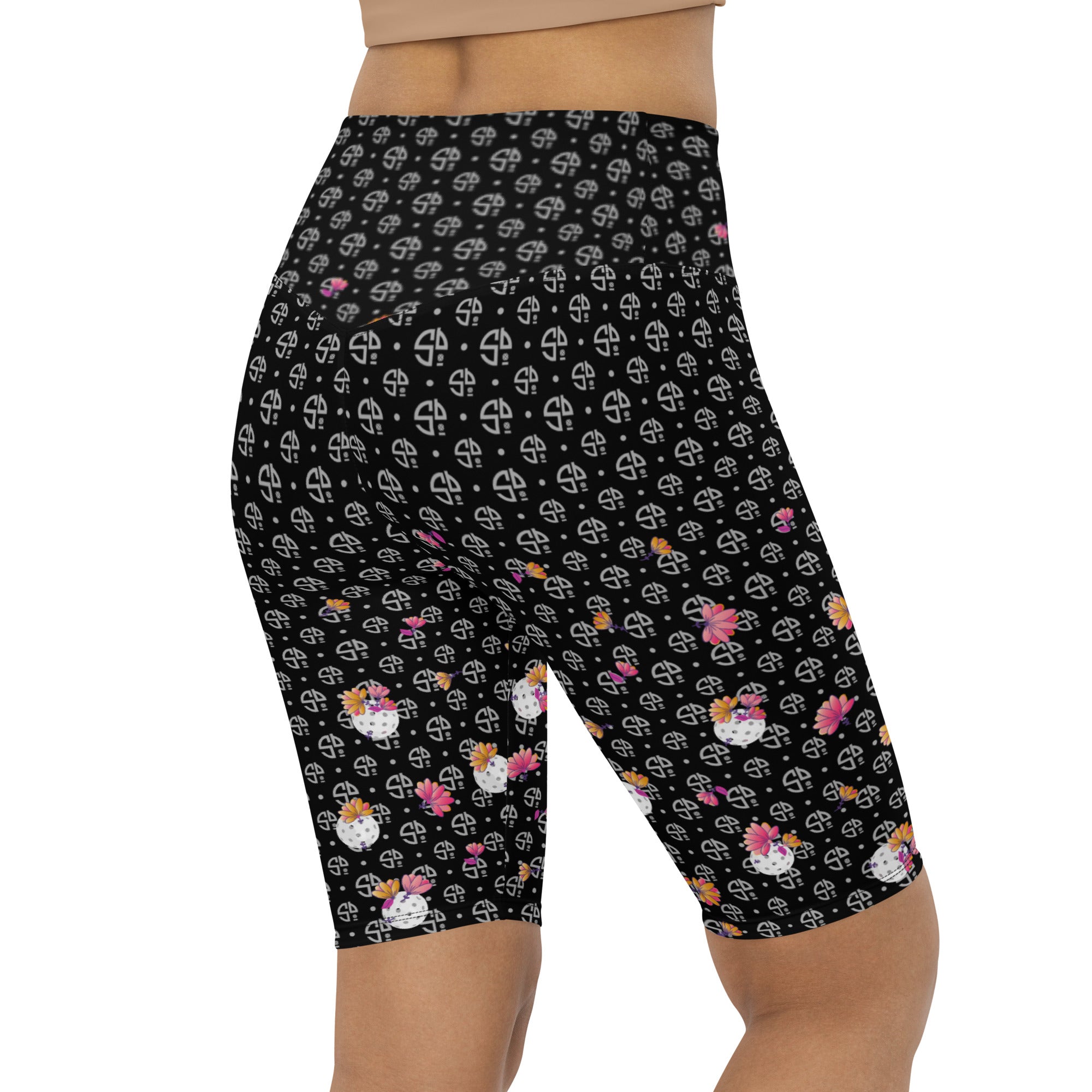 Spring Dink Gradient Logo© Black, Grey, White, Purple, Violet, & Golden Yellow Women's High -Waisted Long Shorts w/pocket for Pickleball Enthusiasts