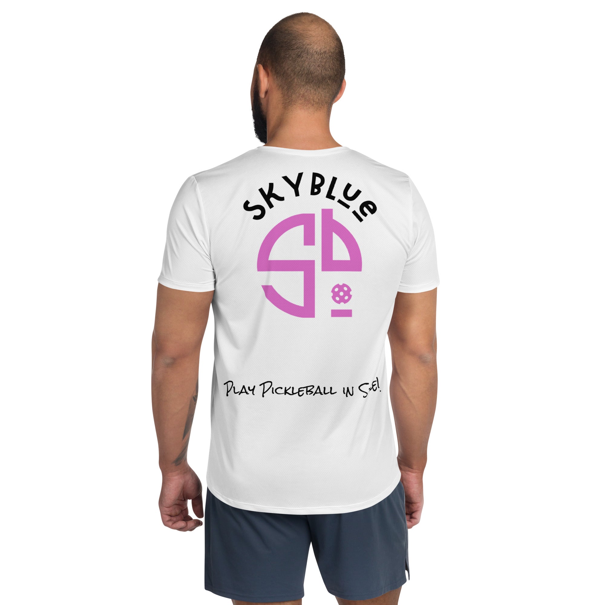 SKYblue™ Pickleball White Performance Fabric Shirt for Men, Accent Pink and Blue!