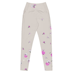 Spring Dink Gradient© Beige & Fuchsia Pickleball Performance Leggings with pockets, UPF 50+