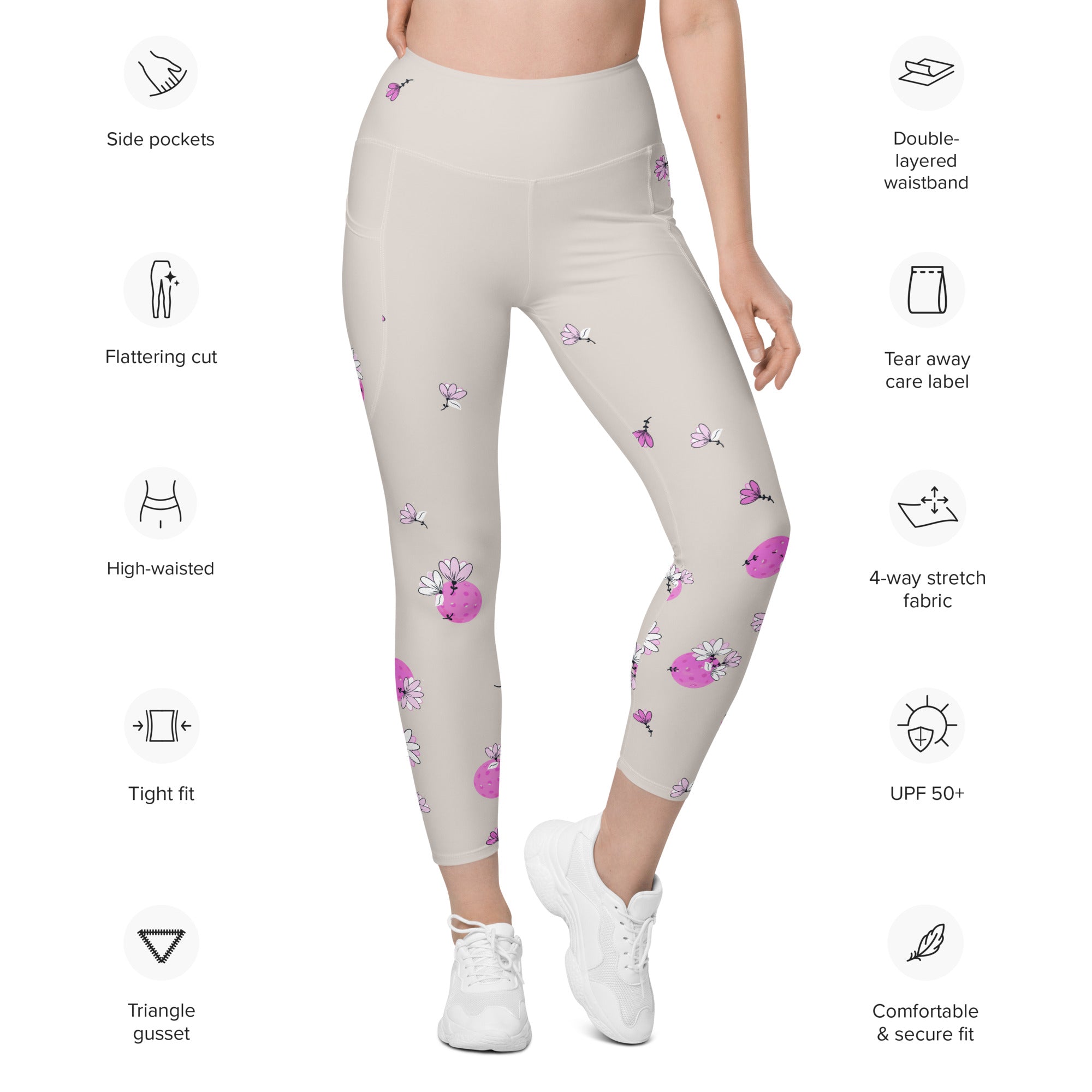 Spring Dink Gradient© Beige & Fuchsia Pickleball Performance Leggings with pockets, UPF 50+