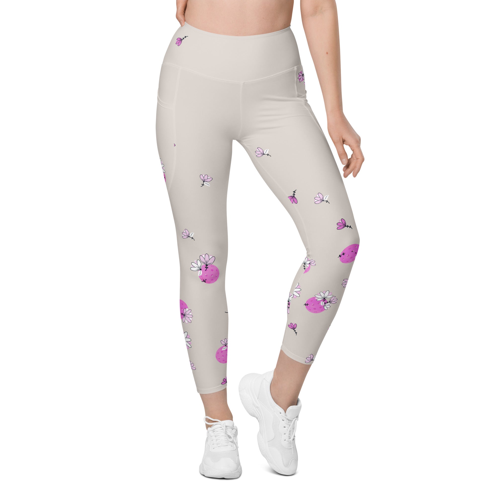 Spring Dink Gradient© Beige & Fuchsia Pickleball Performance Leggings with pockets, UPF 50+