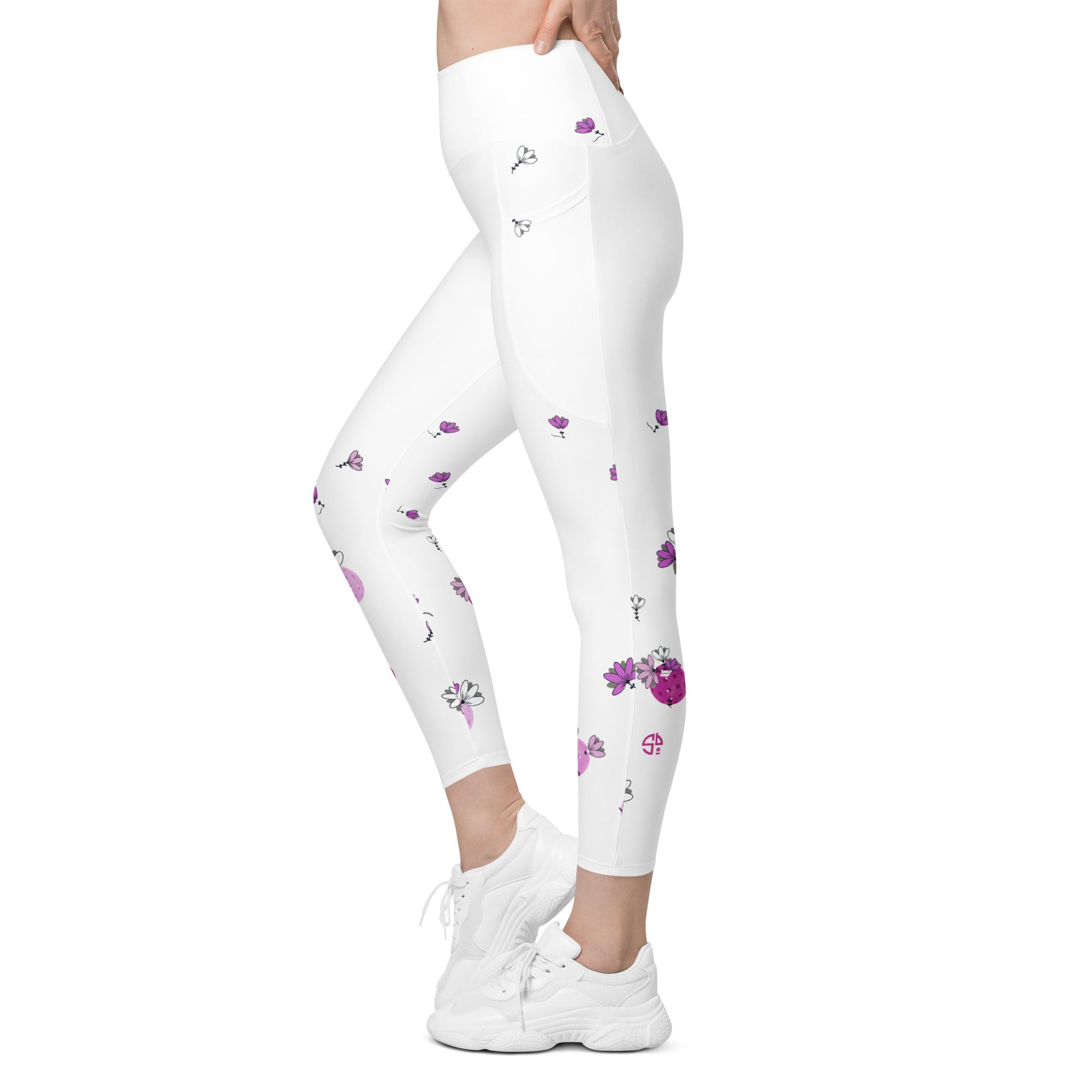 Spring Dink Gradient© Grey & Fuchsia Pickleball Performance Leggings with pockets, UPF 50+