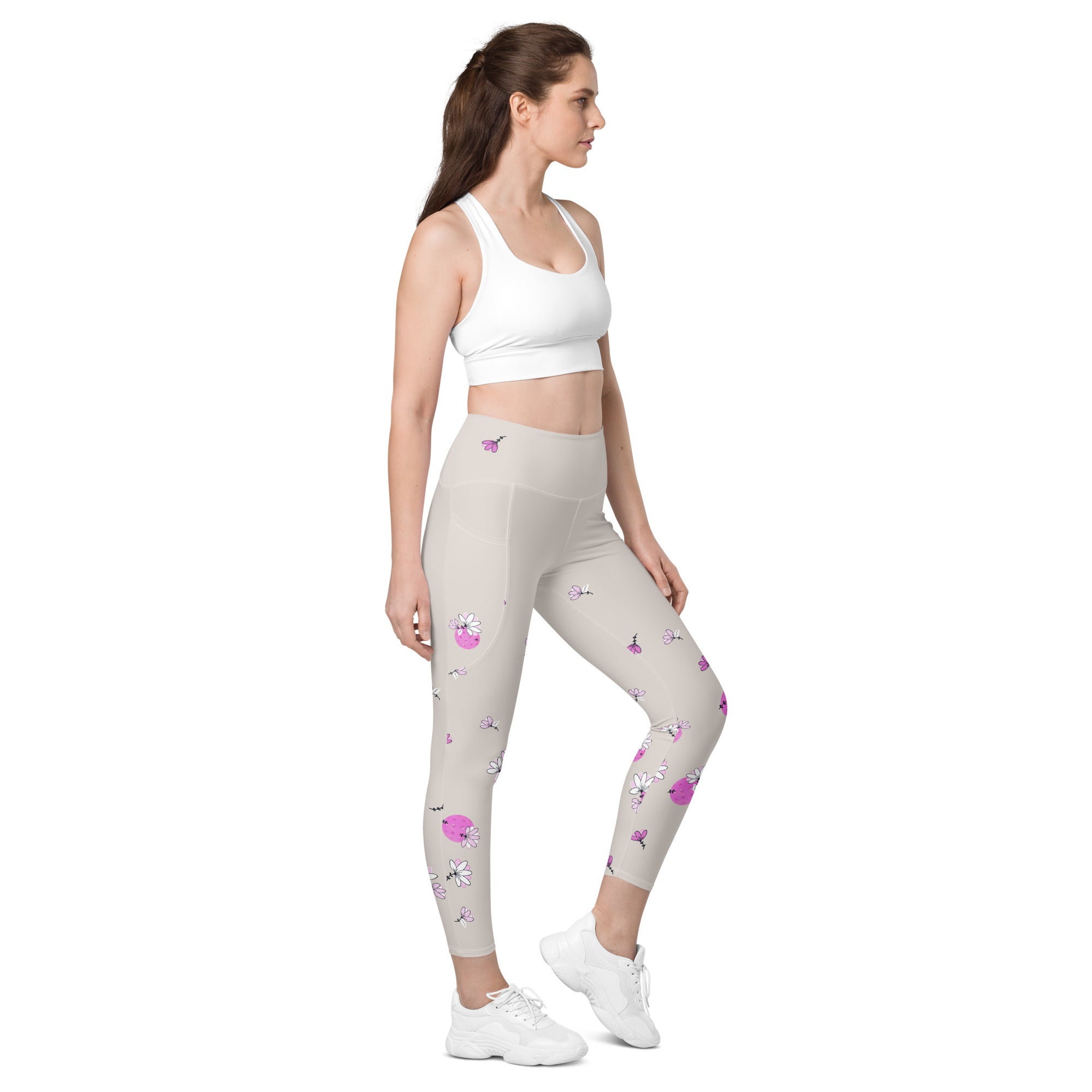 Spring Dink Gradient© Beige & Fuchsia Pickleball Performance Leggings with pockets, UPF 50+