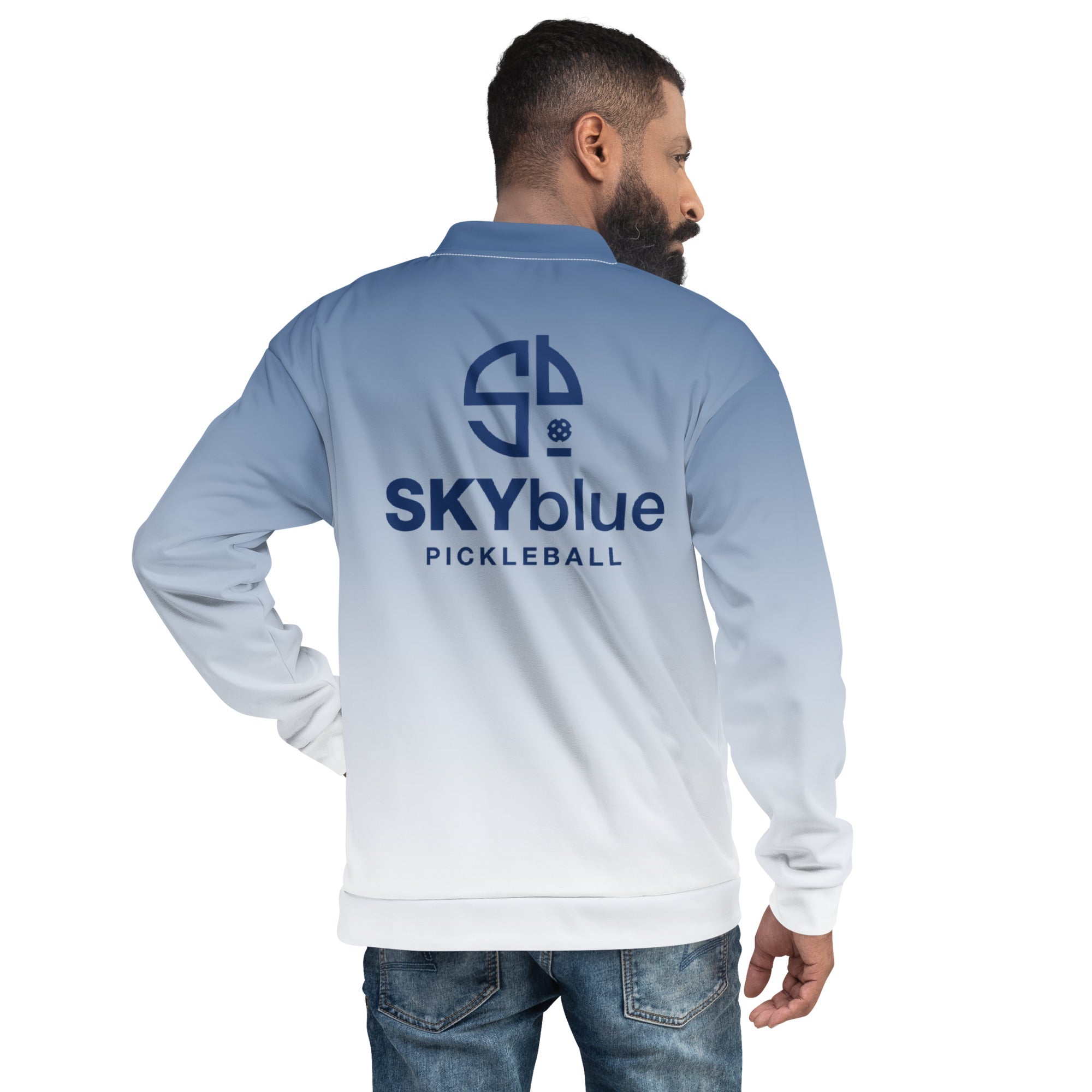 SKYblue Pickleball Bomber Jacket, a perfect complement to our Spring Dink Logo collection in patriotic red, white, and blue.