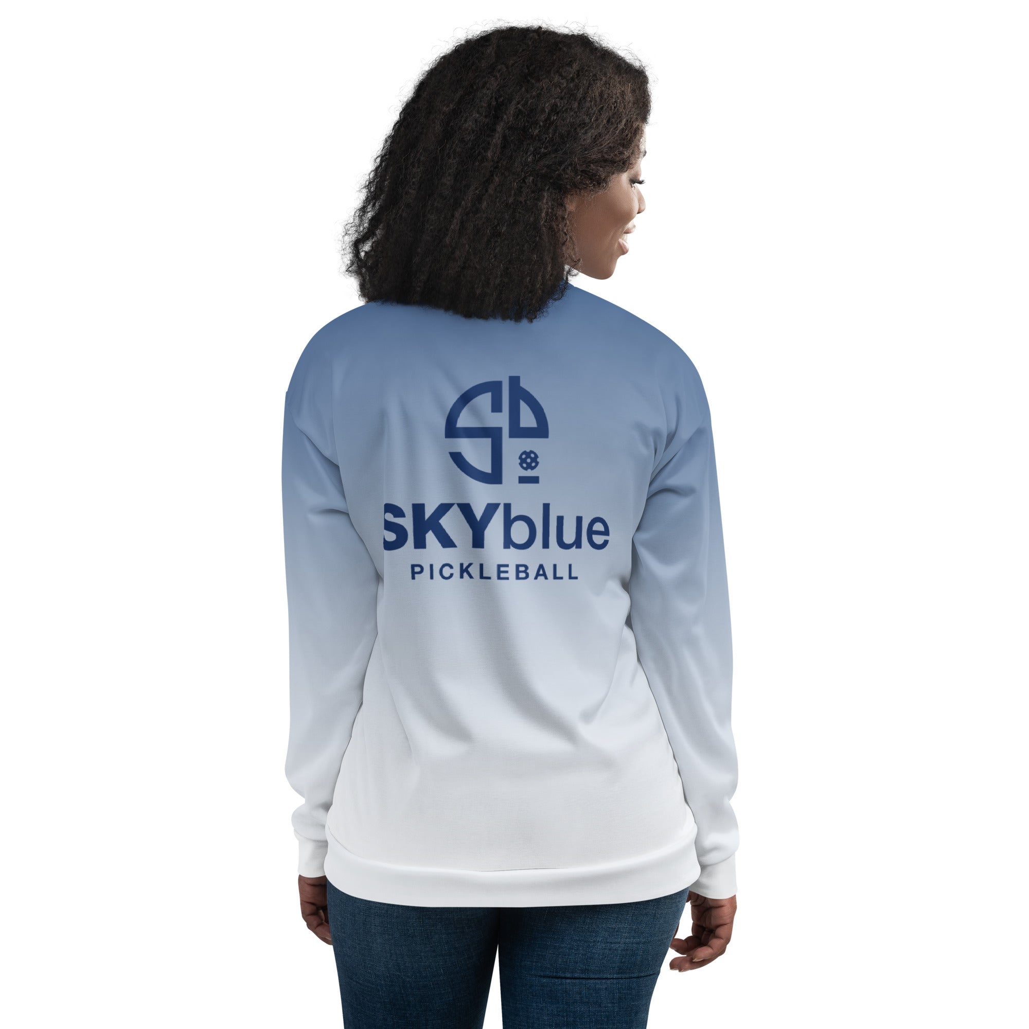 SKYblue Pickleball Bomber Jacket, a perfect complement to our Spring Dink Logo collection in patriotic red, white, and blue.