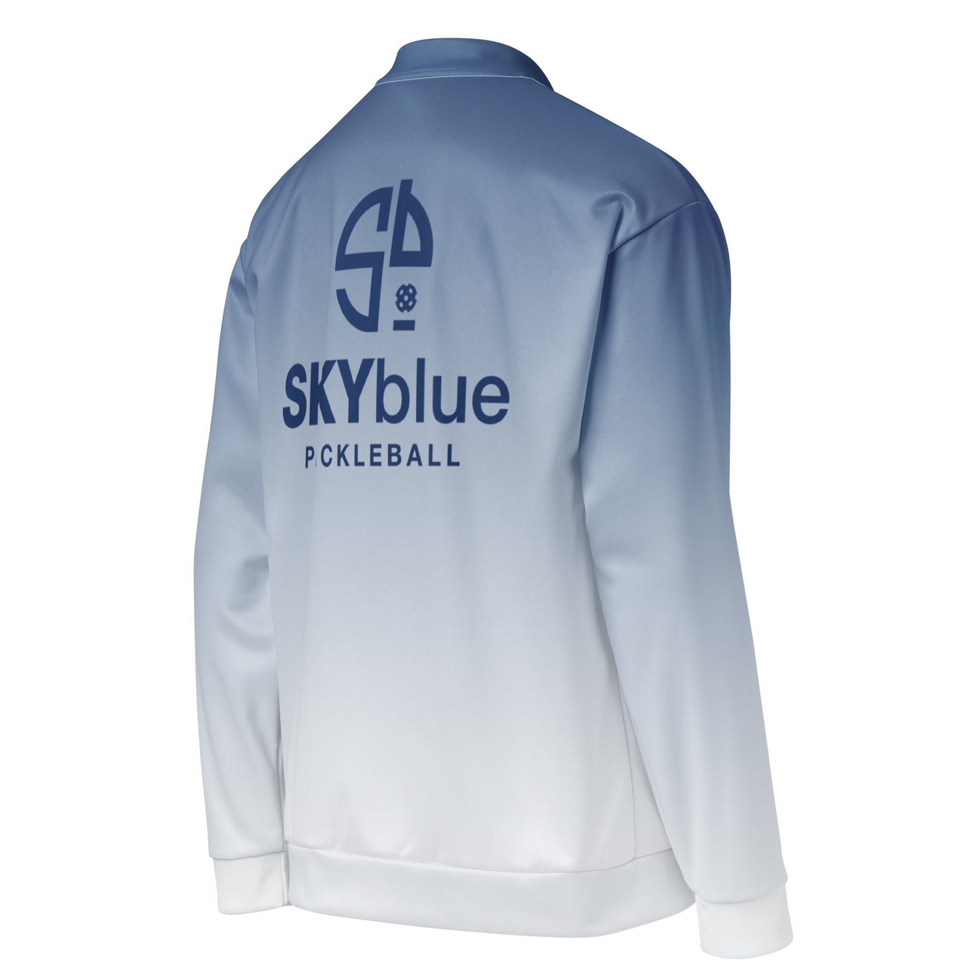 SKYblue Pickleball Bomber Jacket, a perfect complement to our Spring Dink Logo collection in patriotic red, white, and blue.