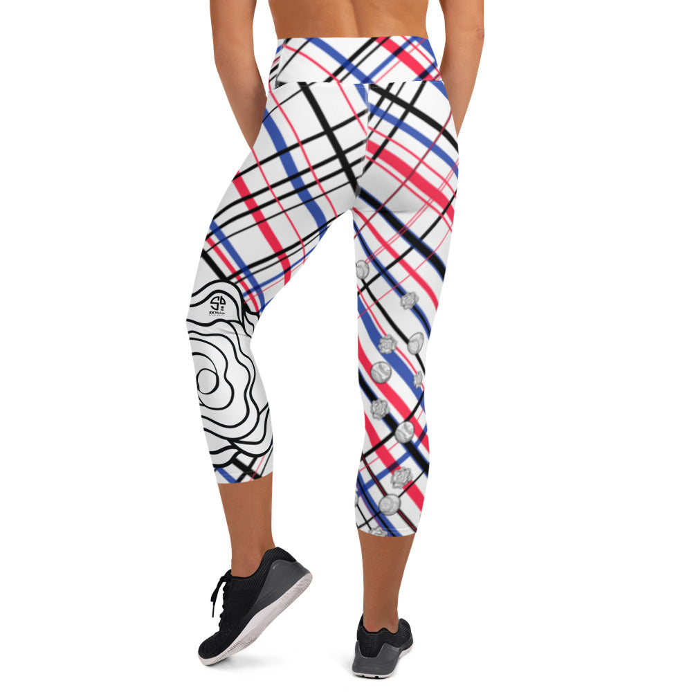 Got Pla(yed)id© Fleur Red, White & Blue Women's High-Waisted Tennis/Padel Capris, UPF 50+