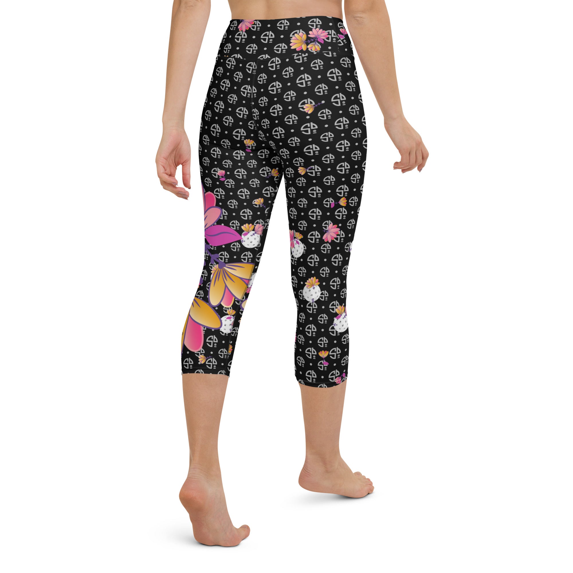 Spring Dink Gradient Logo© Black, Grey, White, Purple, Violet, & Golden Yellow Fleur Women's High-Waisted Pickleball Capris, UPF 50+