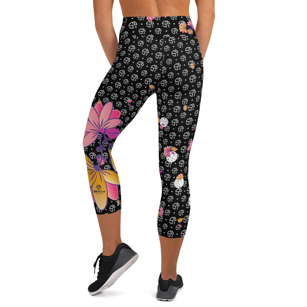 Spring Dink Gradient Logo© Black, Grey, White, Purple, Violet, & Golden Yellow Fleur Women's High-Waisted Pickleball Capris, UPF 50+