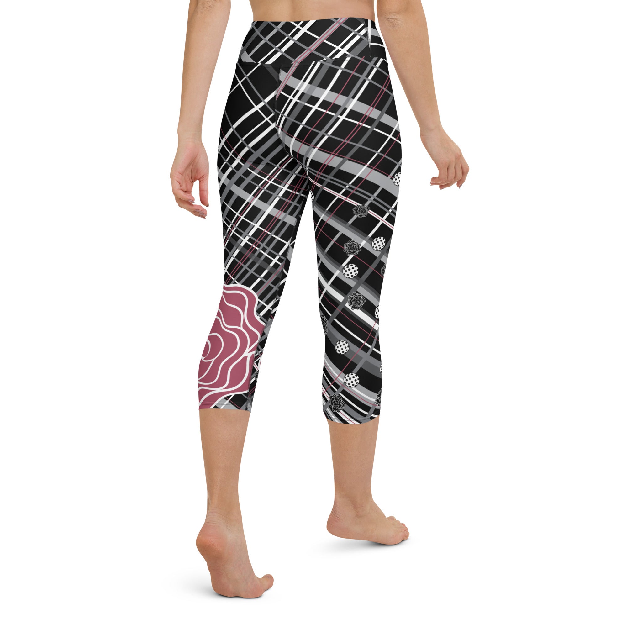 Got Pla(yed)id© Fleur Black, Hippie Pink & 15 Shades of Gray Women's High-Waisted Pickleball Capris - UPF 50+