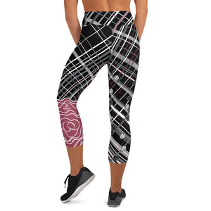 Got Pla(yed)id© Fleur Black, Hippie Pink & 15 Shades of Gray Women's High-Waisted Pickleball Capris - UPF 50+