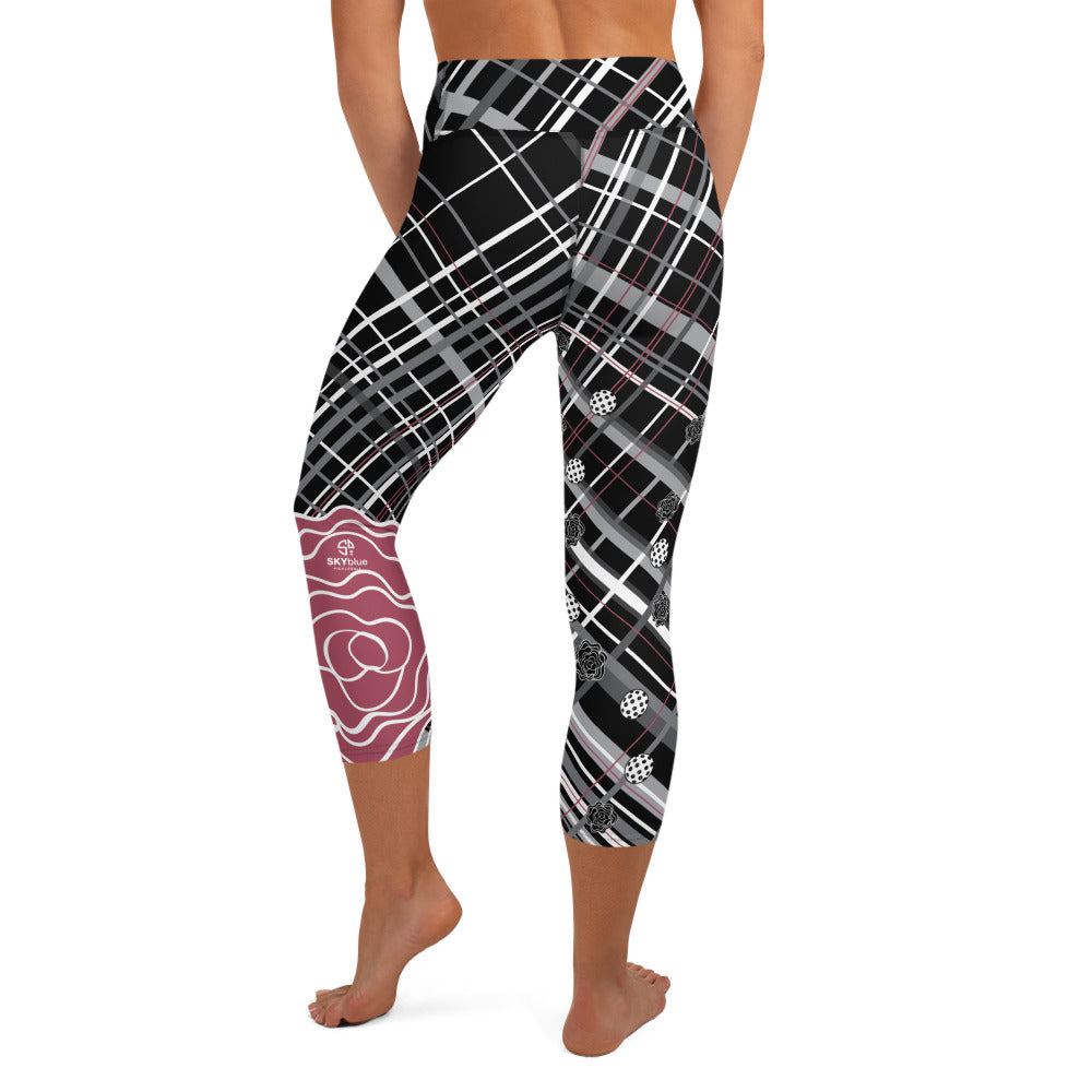 Got Pla(yed)id© Fleur Black, Hippie Pink & 15 Shades of Gray Women's High-Waisted Pickleball Capris - UPF 50+