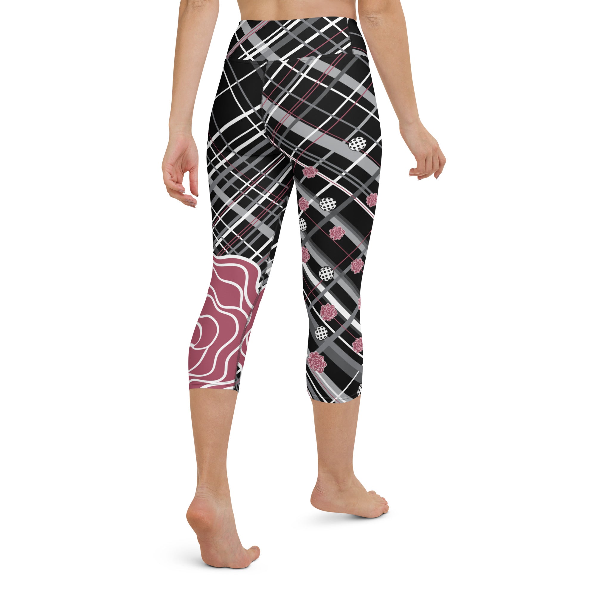 Got Pla(yed)id© Fleur Grande Hippie Pink & 15 Shades of Gray Women's High-Waisted Pickleball Capris - UPF 50+