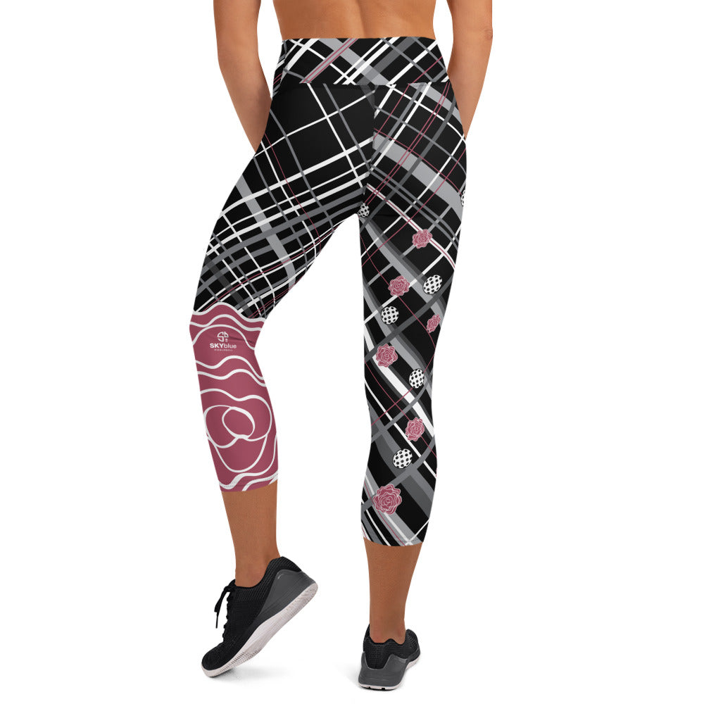 Got Pla(yed)id© Fleur Grande Hippie Pink & 15 Shades of Gray Women's High-Waisted Pickleball Capris - UPF 50+