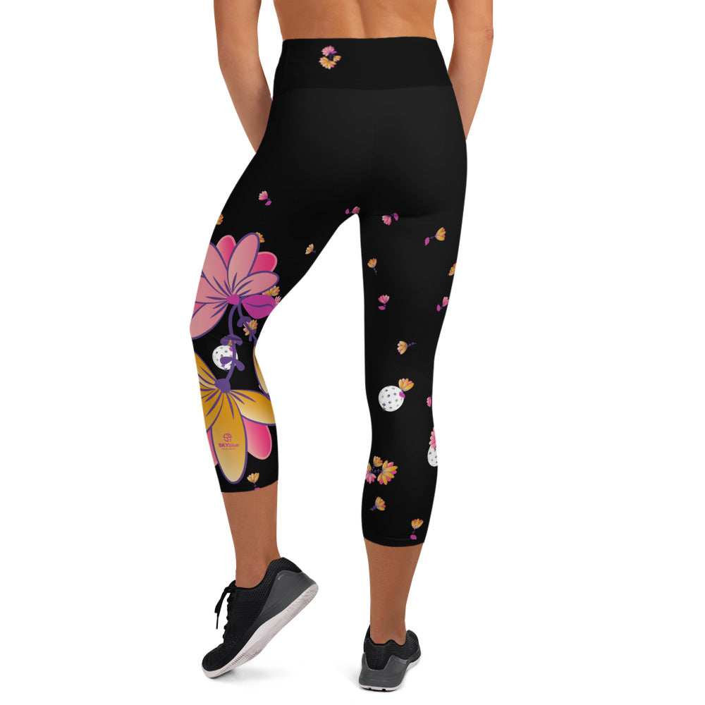 Spring Dink Gradient© Black, Grey, White, Purple, Violet, & Golden Yellow Fleur Women's High-Waisted Pickleball Capris, UPF 50+