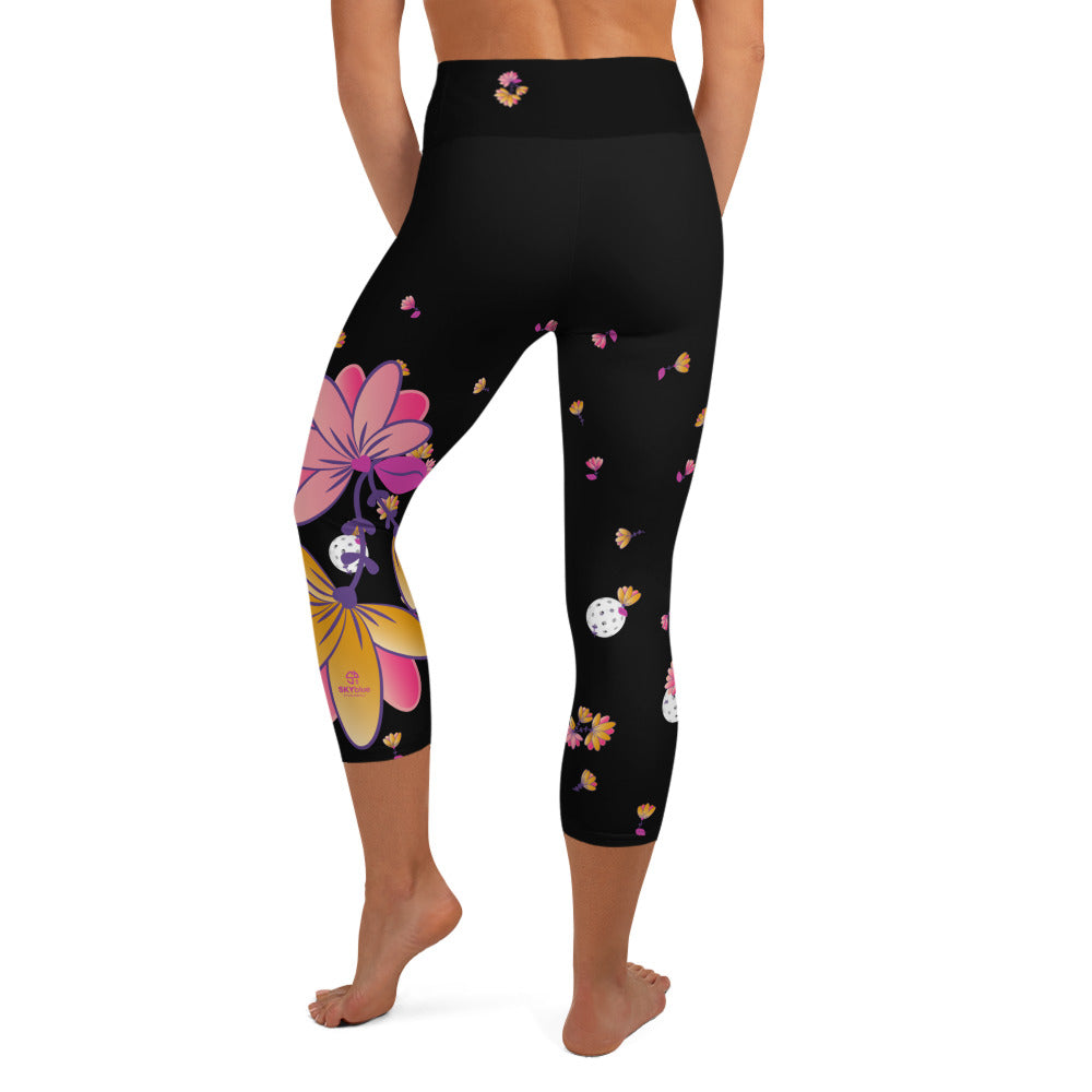 Spring Dink Gradient© Black, Grey, White, Purple, Violet, & Golden Yellow Fleur Women's High-Waisted Pickleball Capris, UPF 50+