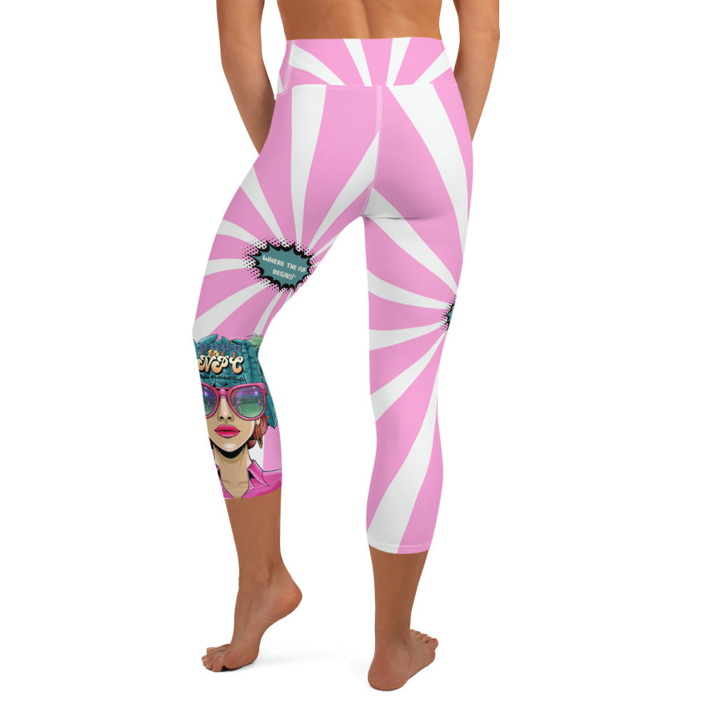 Where the Fun Begins™ Women's High-Waisted Pickleball Capris – NPC Retro Pop-Art Collection, UPF 50+ Pink & White