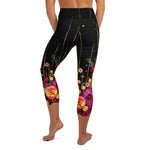 Load image into Gallery viewer, Poppy Court Noir™ Fleur Black, Red, Pink &amp; Gold Women's High-Waisted Pickleball Capris, back mockup | SKYblue Pickleball
