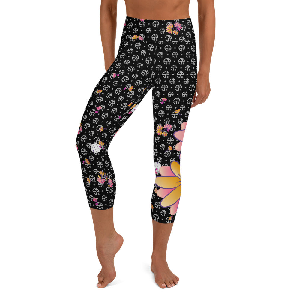 Spring Dink Gradient Logo© Black, Grey, White, Purple, Violet, & Golden Yellow Fleur Women's High-Waisted Pickleball Capris, UPF 50+