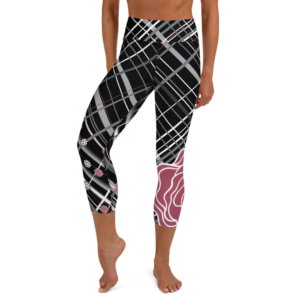 Got Pla(yed)id© Fleur Grande Hippie Pink & 15 Shades of Gray Women's High-Waisted Pickleball Capris - UPF 50+