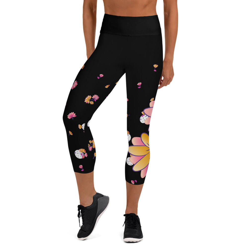 Spring Dink Gradient© Black, Grey, White, Purple, Violet, & Golden Yellow Fleur Women's High-Waisted Pickleball Capris, UPF 50+