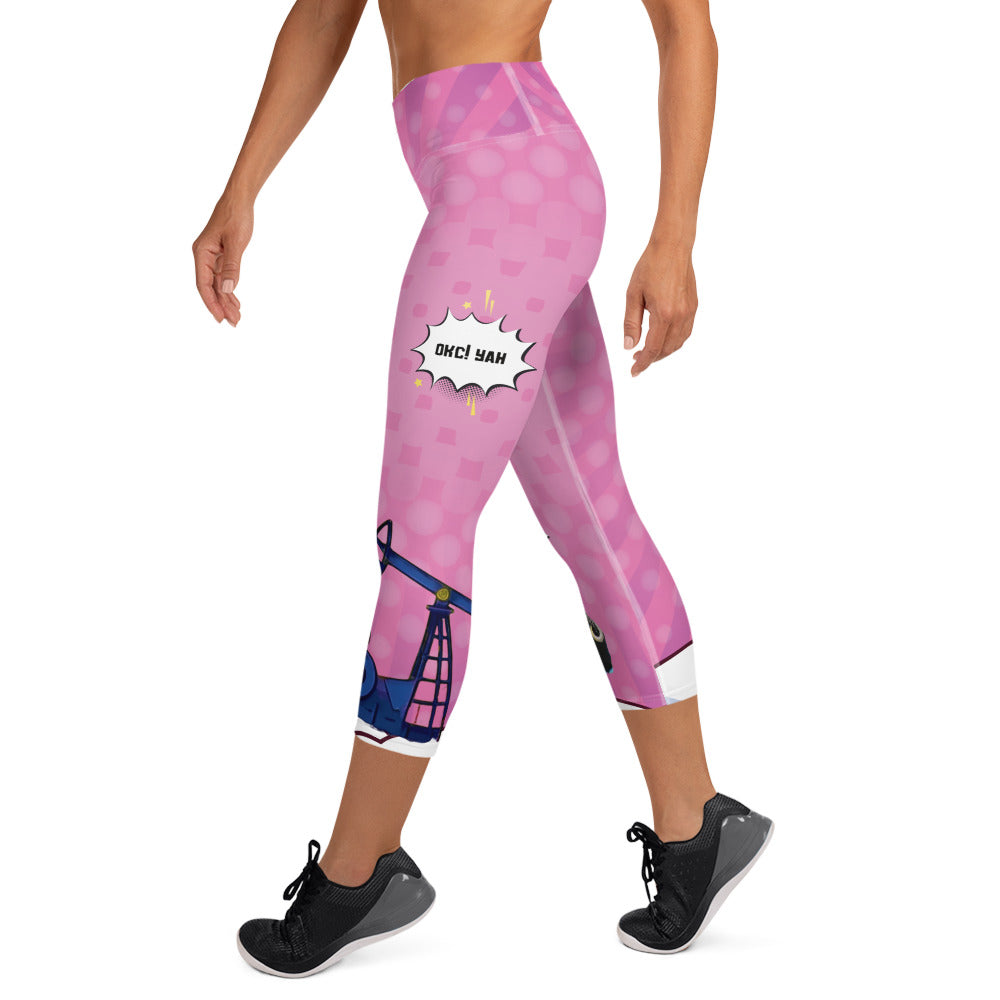 "OKC Pickleball, YEA!" Women's High-waisted Capris - the ultimate fusion of pickleball, Oklahoma pride, and pop art pizzazz!