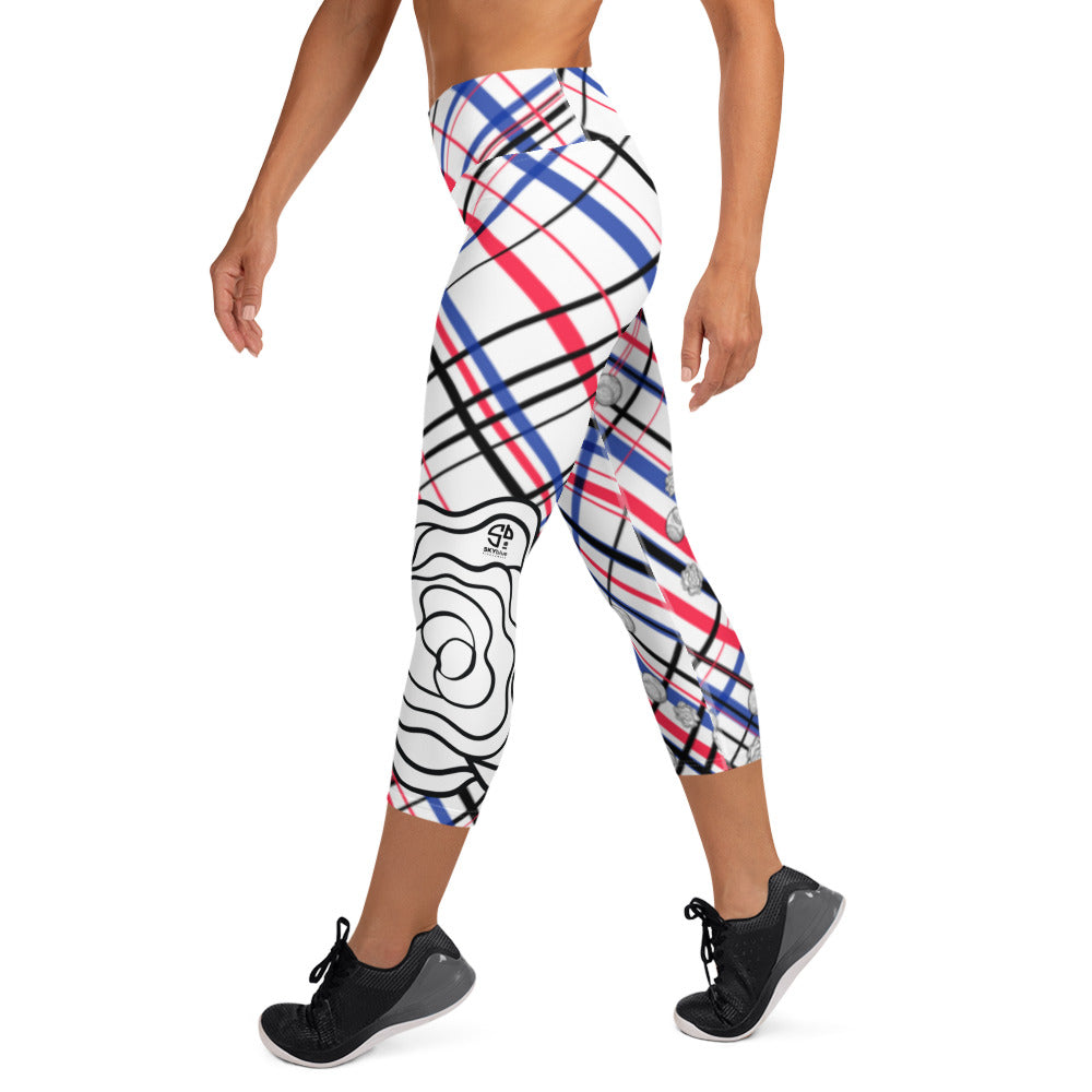 Got Pla(yed)id© Fleur Red, White & Blue Women's High-Waisted Tennis/Padel Capris, UPF 50+