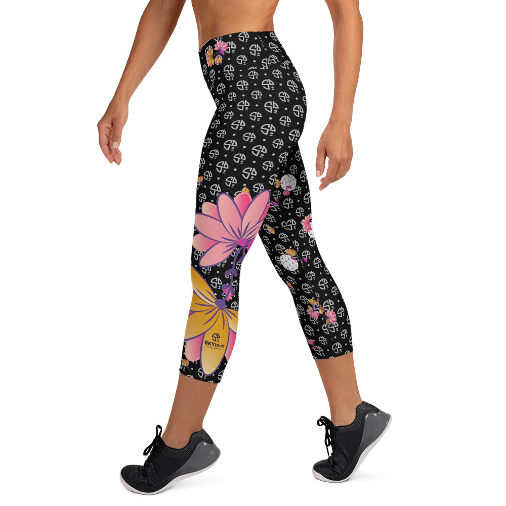 Spring Dink Gradient Logo© Black, Grey, White, Purple, Violet, & Golden Yellow Fleur Women's High-Waisted Pickleball Capris, UPF 50+