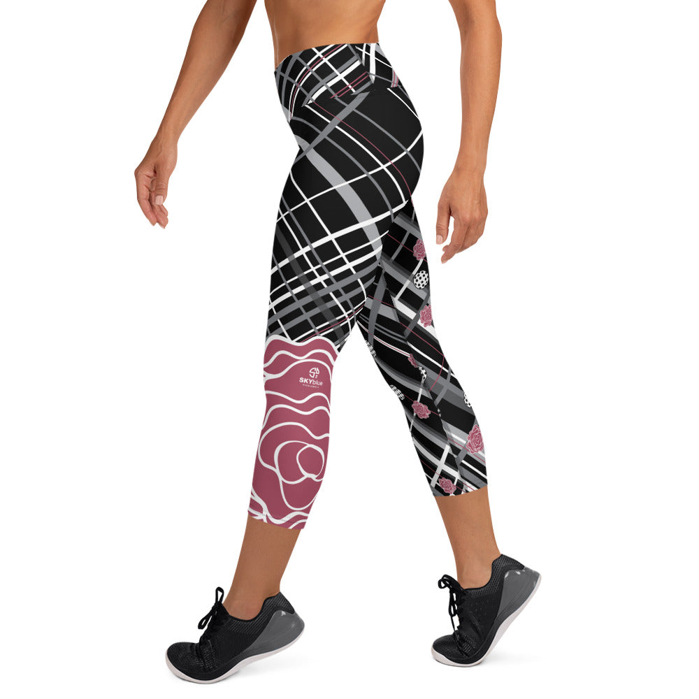 Got Pla(yed)id© Fleur Grande Hippie Pink & 15 Shades of Gray Women's High-Waisted Pickleball Capris - UPF 50+