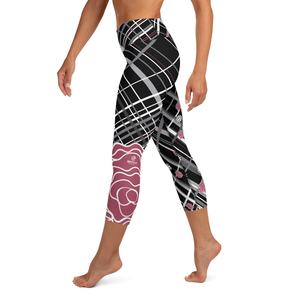 Got Pla(yed)id© Fleur Grande Hippie Pink & 15 Shades of Gray Women's High-Waisted Pickleball Capris - UPF 50+