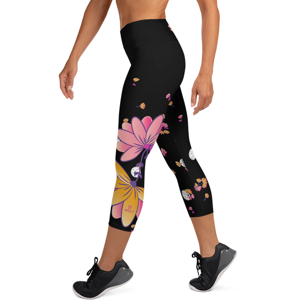 Spring Dink Gradient© Black, Grey, White, Purple, Violet, & Golden Yellow Fleur Women's High-Waisted Pickleball Capris, UPF 50+