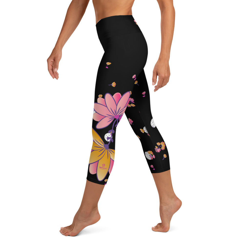 Spring Dink Gradient© Black, Grey, White, Purple, Violet, & Golden Yellow Fleur Women's High-Waisted Pickleball Capris, UPF 50+