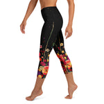 Load image into Gallery viewer, Poppy Court Noir™ Fleur Black, Red, Pink &amp; Gold Women's High-Waisted Pickleball Capris, left side view | SKYblue Pickleball
