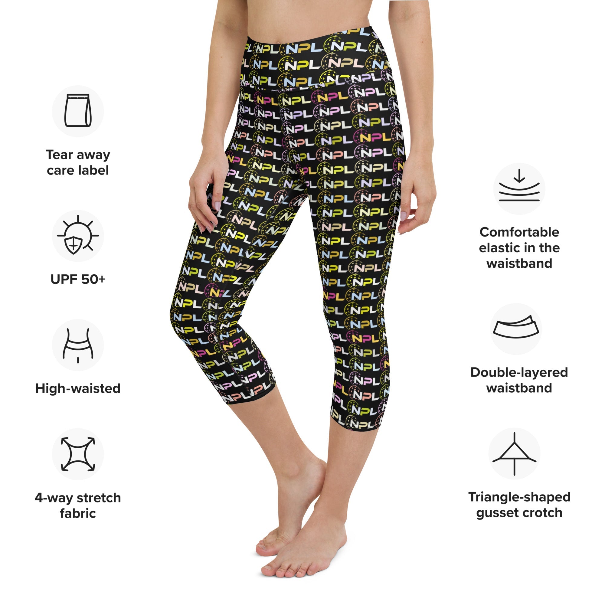 NPL™ Pop-Art Women's Pickleball Capris – Black/Multi-Color: Your Passport to the Perfect Pickleball Session with UPF 50+ Protection!