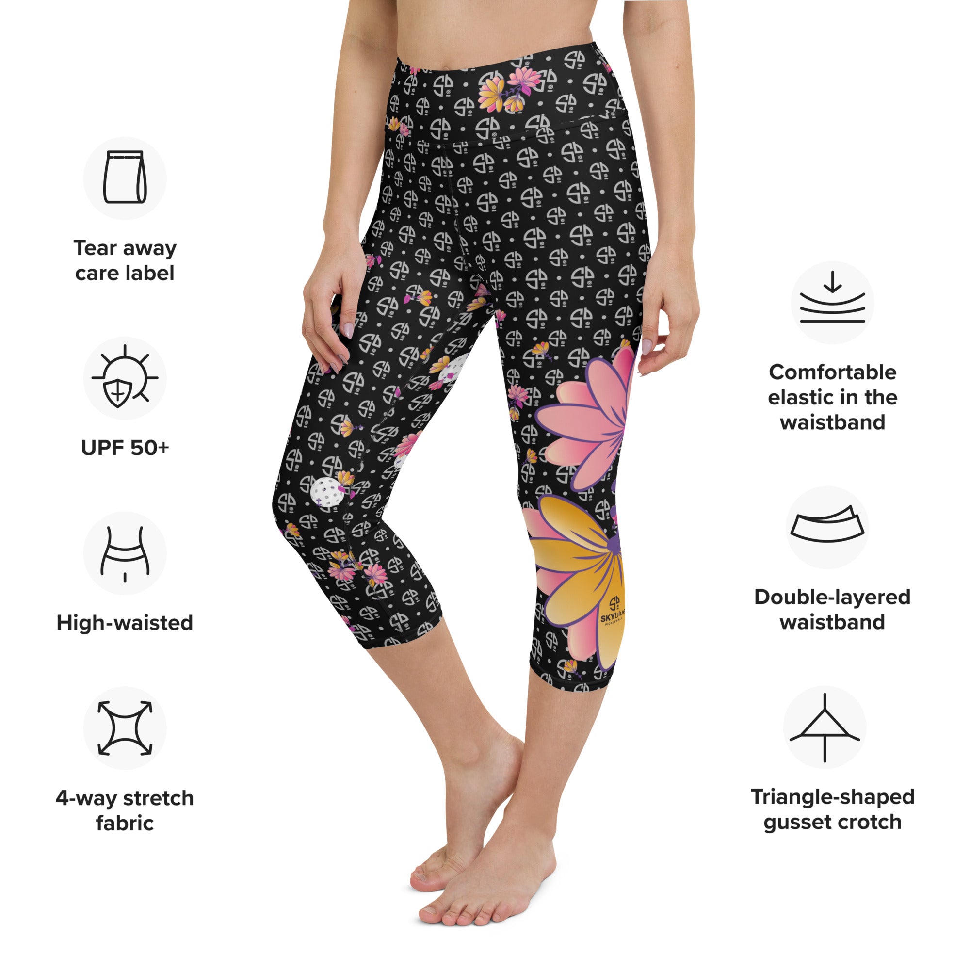 Spring Dink Gradient Logo© Black, Grey, White, Purple, Violet, & Golden Yellow Fleur Women's High-Waisted Pickleball Capris, UPF 50+