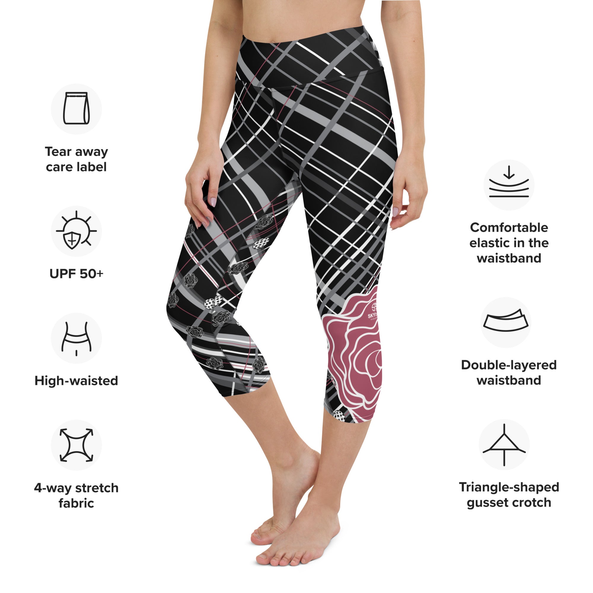 Got Pla(yed)id© Fleur Black, Hippie Pink & 15 Shades of Gray Women's High-Waisted Pickleball Capris - UPF 50+