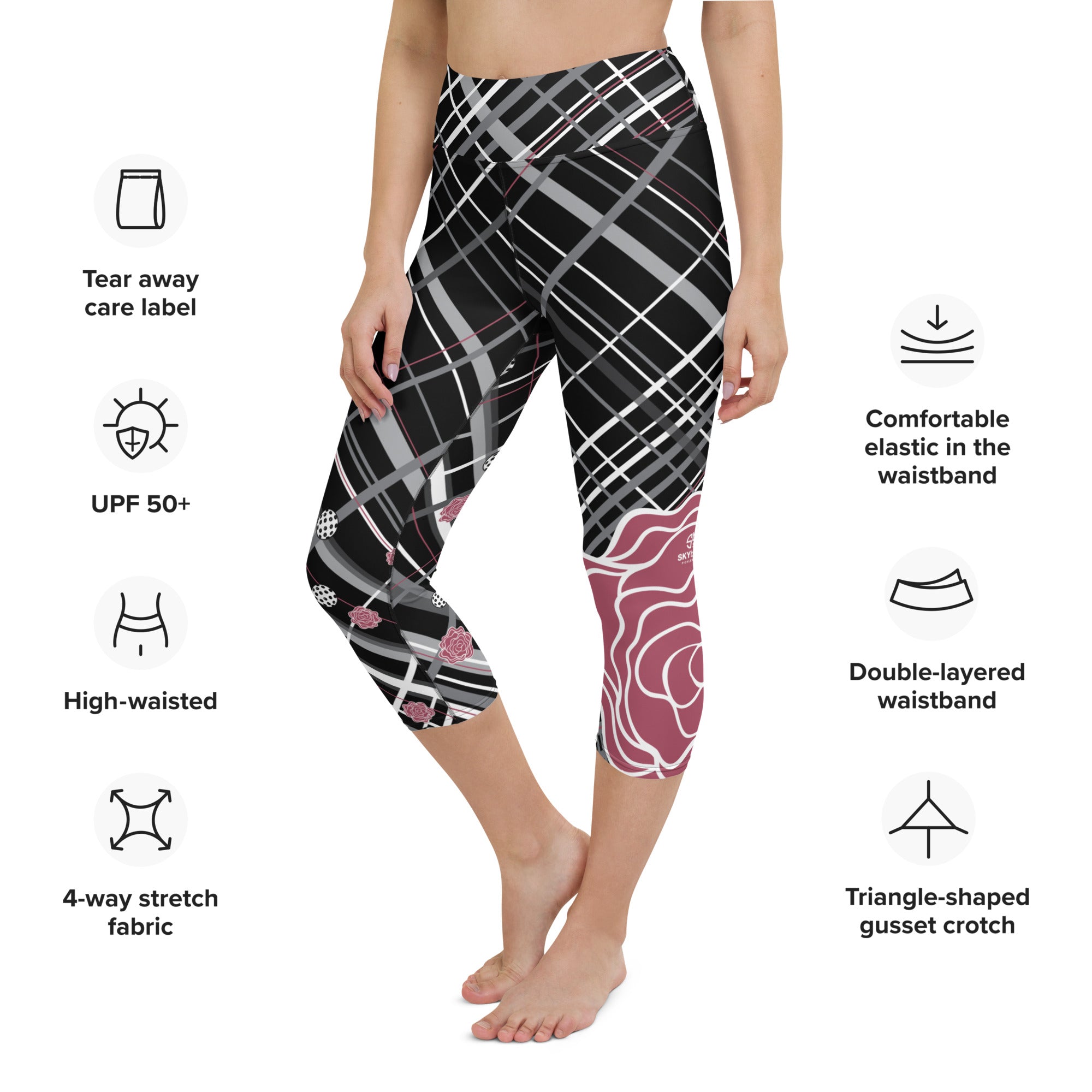 Got Pla(yed)id© Fleur Grande Hippie Pink & 15 Shades of Gray Women's High-Waisted Pickleball Capris - UPF 50+