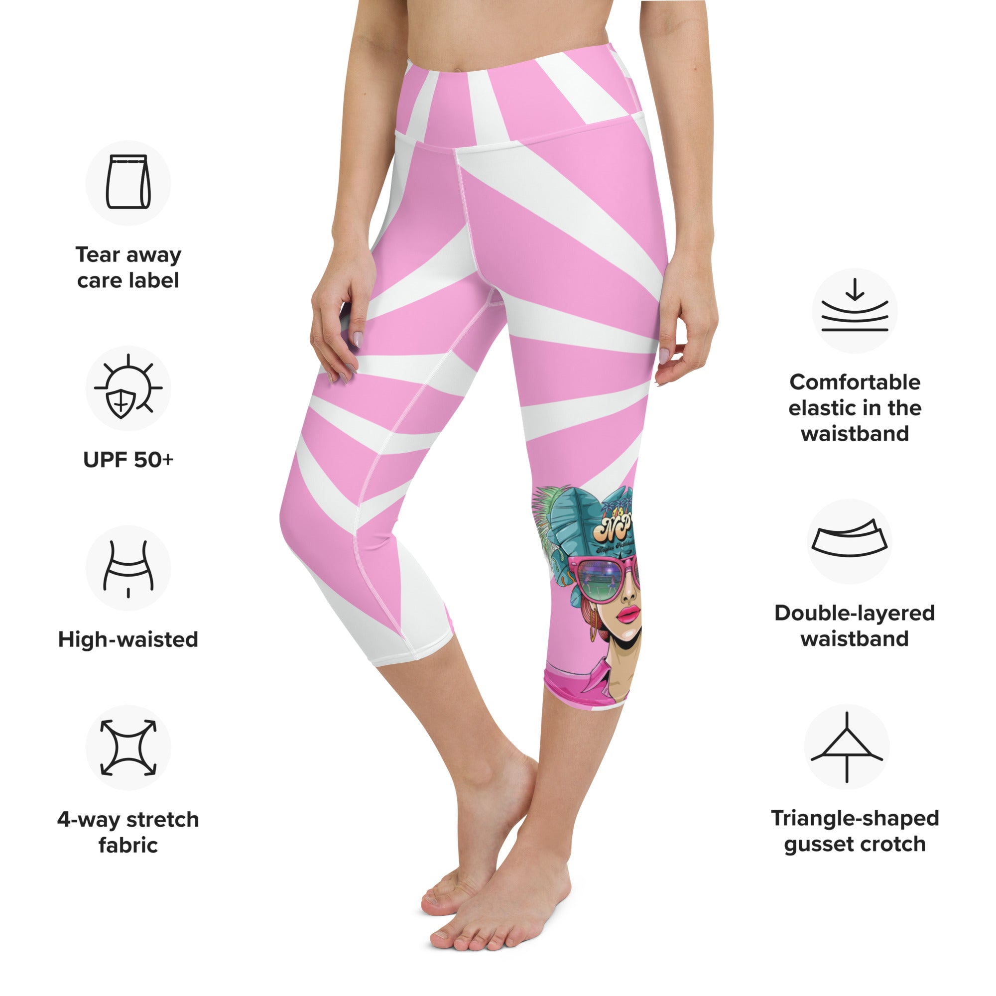 Where the Fun Begins™ Women's High-Waisted Pickleball Capris – NPC Retro Pop-Art Collection, UPF 50+ Pink & White