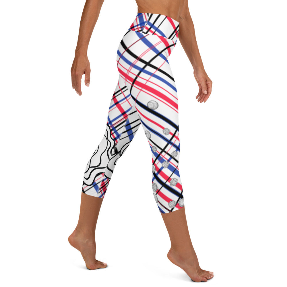 Got Pla(yed)id© Fleur Red, White & Blue Women's High-Waisted Tennis/Padel Capris, UPF 50+