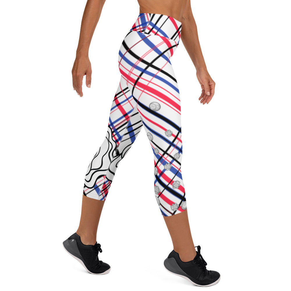 Got Pla(yed)id© Fleur Red, White & Blue Women's High-Waisted Tennis/Padel Capris, UPF 50+